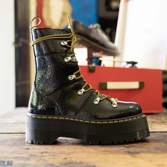 Dr. Martens Ghilana Max Distressed Patent Leather Platform Boots - Picture 2 of 13